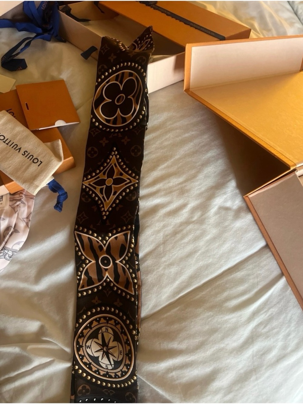 Louis Vuitton Brown & Gold Monogram Silk Scarf Twilly- World Bandeau - Picture 2 of 2